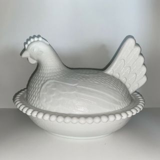 Indiana White Milk Glass Hen Chicken On A Nest Beaded Edge Candy Dish Bowl