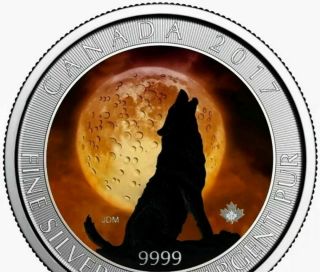 2017 Canada 3/4 Oz.  9999 Silver Colorized Wolf Bullion Box & 61/100 (dr)