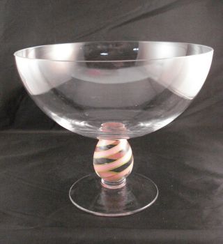 Clear Glass Stemmed Candy Dish Bowl Compote Pink Green Swirl