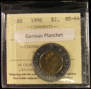 1996 $2 Canada (german Planchet) Coin.  Iccs Graded Ms - 64 (toonies)