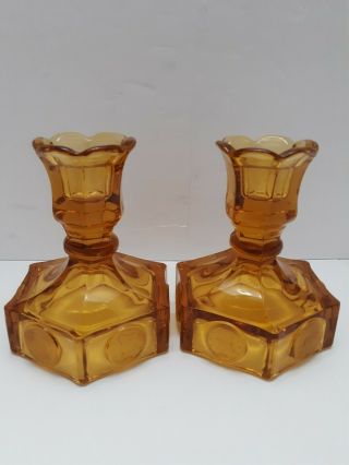 Vintage Pair Amber Fostoria Coin Glass Candle Holders Embossed Wedding