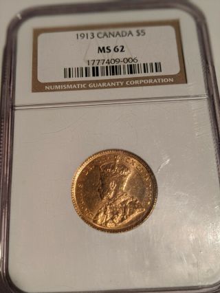 1913 Canada Five Dollars ($5) Gold Coin Ngc Ms - 62.  Luster & Detail