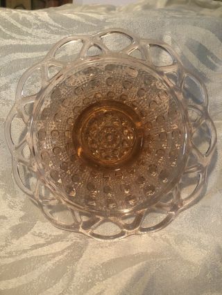 Vintage Imperial Pink Glass Candy Dish With Button,  Cane Lace Edge 7.  5” Round