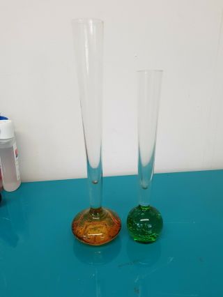 Tall Fine Glass Single Flower Flute Vase Green And Yellow You Will Recieve Both