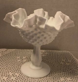 Fenton Hobnail White Milk Glass Footed Candy Dish,  Bowl - Ruffle Crimped Edges