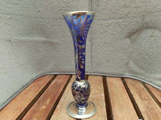 Vintage Venetian Cobalt Blue Blown Glass Bud Vase Silver Painted Overlay 15cm