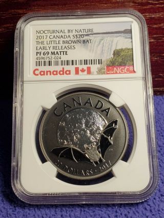 2017 Canada $20 Nocturnal Brown Bat 1 Oz.  9999 Silver Ngc Proof 69 Matte Early