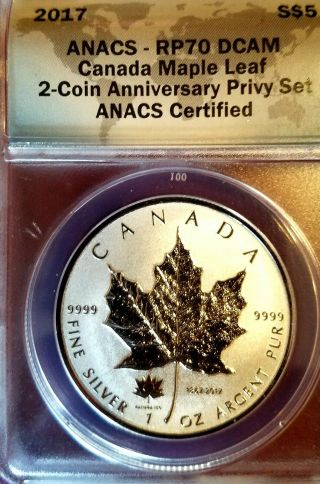2017 Canadian Maple Leaf 1 Oz Silver Coin,  Privy Mark From Set Anacs Rp70 Dcam