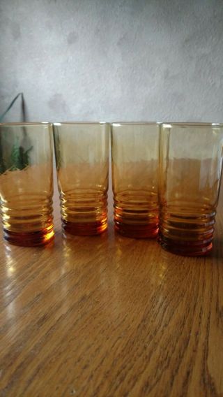 Vintage 4 Amber 12 Oz Glass Tumblers 5 1/2 " Tall Ht In A Star Mark On Bottom