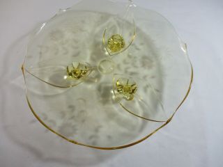 Yellow Depression Glass Lancaster Yellow Topaz 3 Footed Bowl / Platter Etched