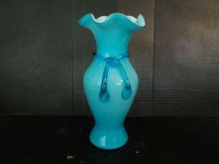 Vintage Fenton Usa Blue Blown Cased Art Glass Vase W/ Applied Ribbon Decoration