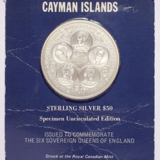 1975 Cayman Islands Six Sovereign Queens $50 Sterling Silver