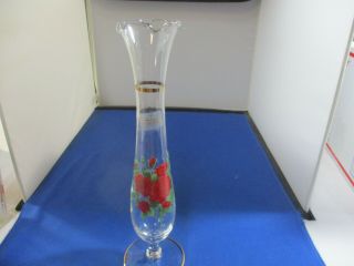 Vintage Viking Clear Glass Tall Bud Vase Handpainted Roses 101/2 " Gold Trim
