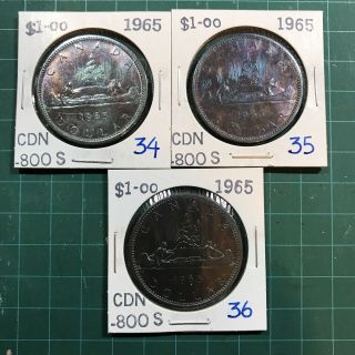 3 Canadian Silver Dollars 1965 Blue Rainbow Tone Estate 800
