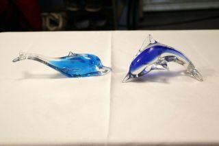 Set Of 2 Studio Art Glass Dolphin Paper Weights Figurines Aqua And Blue 6 " & 7 "