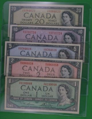 Five 1954 Bank Of Canada Bills - $1 $2 $5 $10 $20 Well Above Average