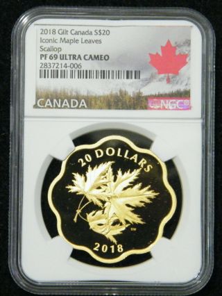 2018 Iconic Maple Leaves Gilded Silver $20 Coin.  Ngc Pf69uc