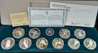 1985 - 87 Canada Calgary Olympics 10 Coin 1oz Silver Proof Set W/org Box &