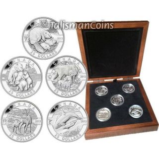 2013 O Canada Complete 5 Coin $25 Silver Proof Set Wolf Bear Orca In Wood Case