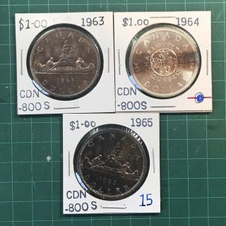 3 Canadian Silver Dollars 1963 1964 1965 Blue Rainbow Tone Estate 800