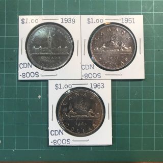 3 Canadian Silver Dollars 1939 1951 1963 Blue Rainbow Tone Estate 800