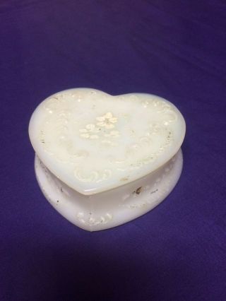 Vintage Heart Shaped White Milk Glass Dresser Box " Does Have Small Chip On Lip "