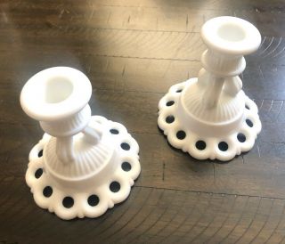 Westmoreland Doric Open Lace White Milk Glass Candle Stick Holders Pair Vintage