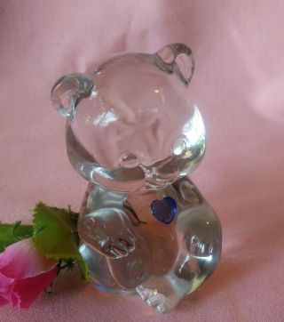 Vintage Fenton Clear Glass Birthday Teddy Bear Figurine Blue Heart March