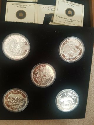 2013 O Canada Silver Coins Coin Set In Case.  Total Of 5 Coins 5 Oz Pure Silver