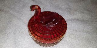 Vintage Red Glass Swan Covered Powder Dish,  Candy Dish