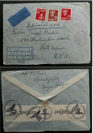 Rare 1941 Norway Censor Airmail Cover Ties 2 Stamps Cancelled Bergen To Usa