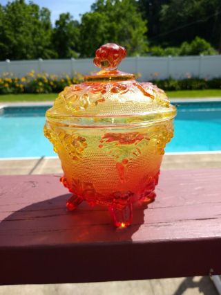 Vintage Carnival Amberina Red / Yellow Glass Candy Dish W/ Grapeleaves & Grapes