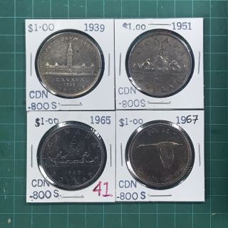 4 Canadian Silver Dollars 1939 1951 1965 1967 Blue Rainbow Tone