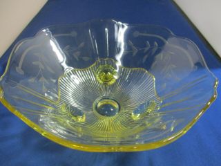 Vintage Lancaster/standard Glass Yellow Topaz Etched 3 - Toed Footed Bowl