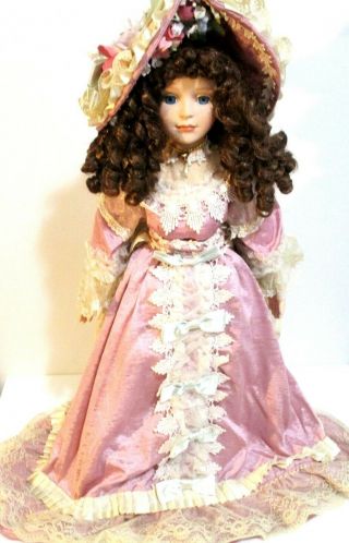 Seymour Mann Porcelain Doll Victorian Lady Mauve Dress Blue Bow Brown Hair 24 "