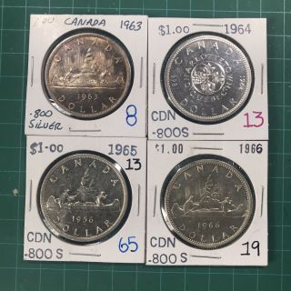 4 Canadian Silver Dollars 1963 1964 1965 1966 Blue Rainbow Tone Estate