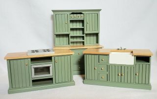 Dollhouse Miniature 1:12 Kitchen Set Farmhouse Sink Hutch Green