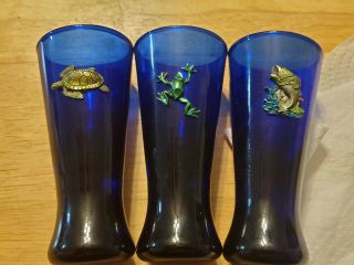 3 Vintage Elegant Cobalt Blue Tall Shot Glasses W Turtle,  Fish,  And Frog
