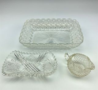 American Brilliant Cut Crystal Art Glass Creamer Butter Dish & Serving Bowl 007