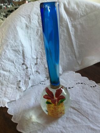 Vintage Art Glass Flower Paperweight Stem Vase