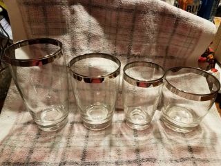 Vintage 4pc Crystal Set Ice Tea Cocktail Water & Juice Glass Silver Rim Glasses
