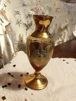 Vintage Czech Bohemian Amethyst Glass Vase Hand Painted Enamelled & Gilded