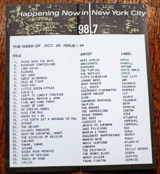 WOR York Survey Radio Music Chart October 20 1968 Mary Hopkins Supremes 2