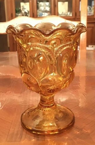 Vintage L E Smith Opalescent Amber Glass Moon & Stars Footed Candy Dish Compote