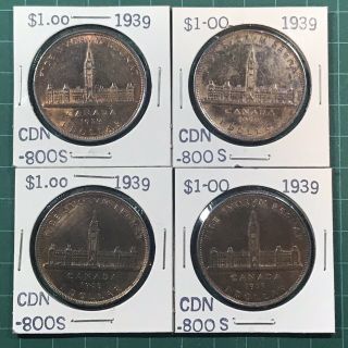 4 Canadian Silver Dollars 1939 Blue Rainbow Tone Estate 800