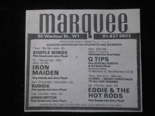 Iron Maiden Simple Minds Eddie & The Hot Rods Budgie Orig.  Advert Marquee 1980