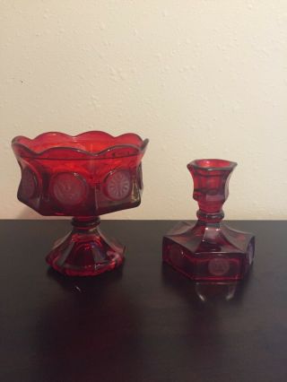 Fostoria Ruby Red Glass Coin Pattern Candy Dish No Lid And Single Candle Stick