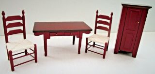 Dollhouse Miniature Wood Table,  2 Chairs & Cupboard,  1:12 Scale