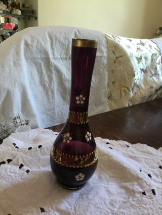Vintage Czech Bohemian Amethyst Glass Vase Hand Painted & Gilded