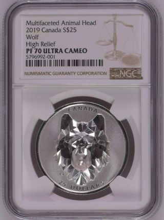 Ngc Pf70 Canada 2019 Multifaceted Animal Head Wolf Silver Coin 25 Dollars 1oz